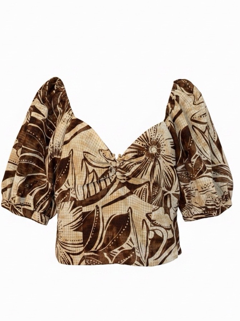 Sam Edelman Brown & Beige Floral Puff-Sleeve Crop Top